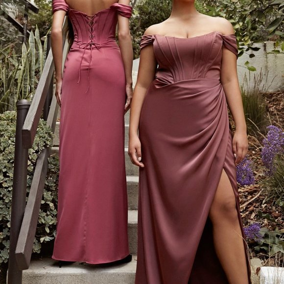 ROSEWOOD COLOR  PROM PARTY EVENING OFF SHOULDER CORSET SOFT SATIN DRESS CD 7484 - Picture 8 of 8
